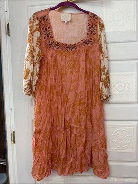 Johnny Was Rose-Peach Floral Long Sleeve Tunic Dress